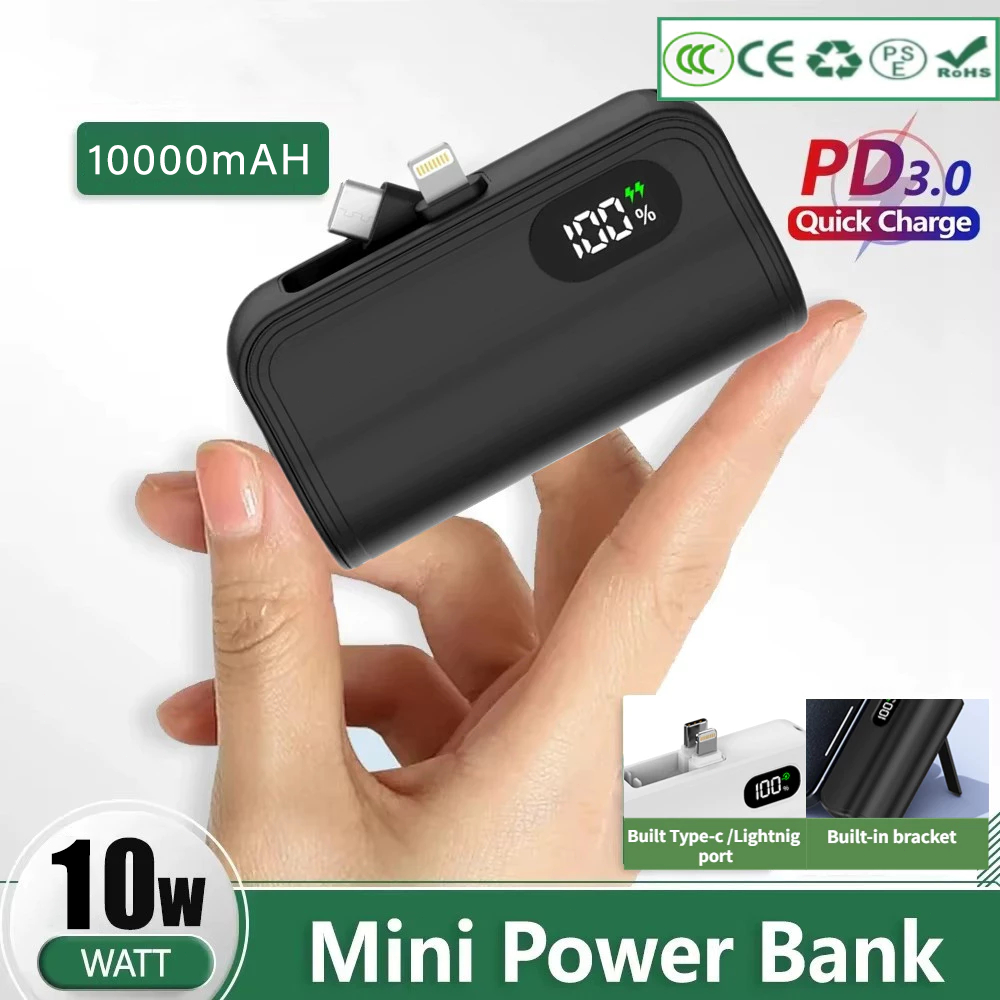 Ultra Slim Mini Power Bank 5000mAh - Quick Charging, Built-in Cable ...