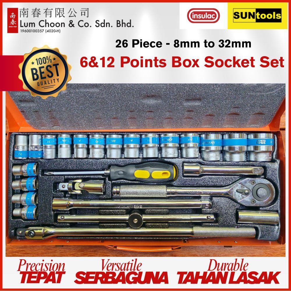 Box Socket Set 12 and 6 points 26 piece 8 - 32mm includes ratchet slide ...