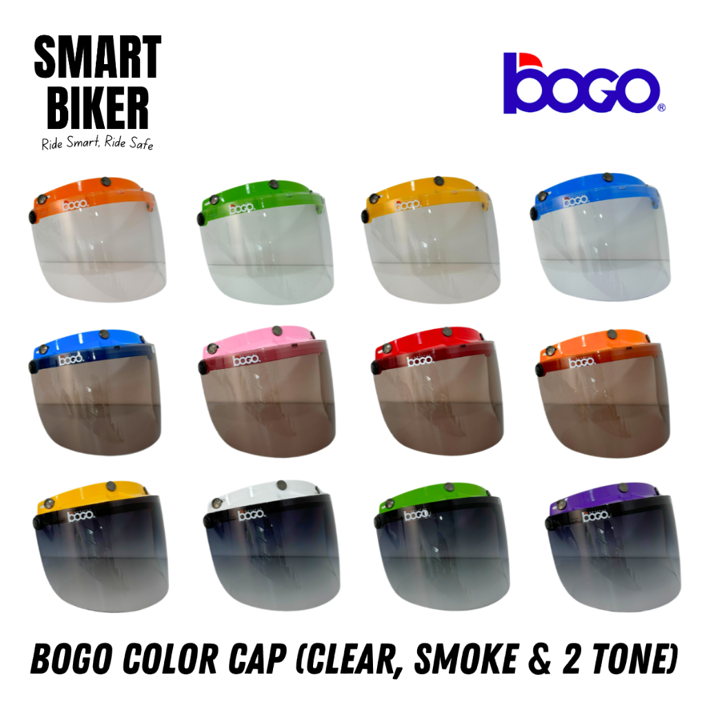 Bogo Visor 3 Button Color Cap 100 Original Helmet Clear Smoke Two Tone