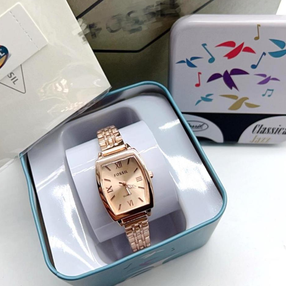 Women small size fosil analog watch rectangle rosegold colour stainless ...