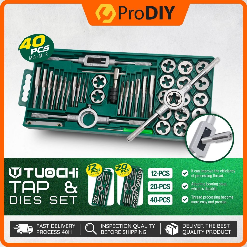 40Pcs M3-M12 Screw Nut Tap And Die Set With Wrenches And Thread Gauge Heavy Duty Hand Tools