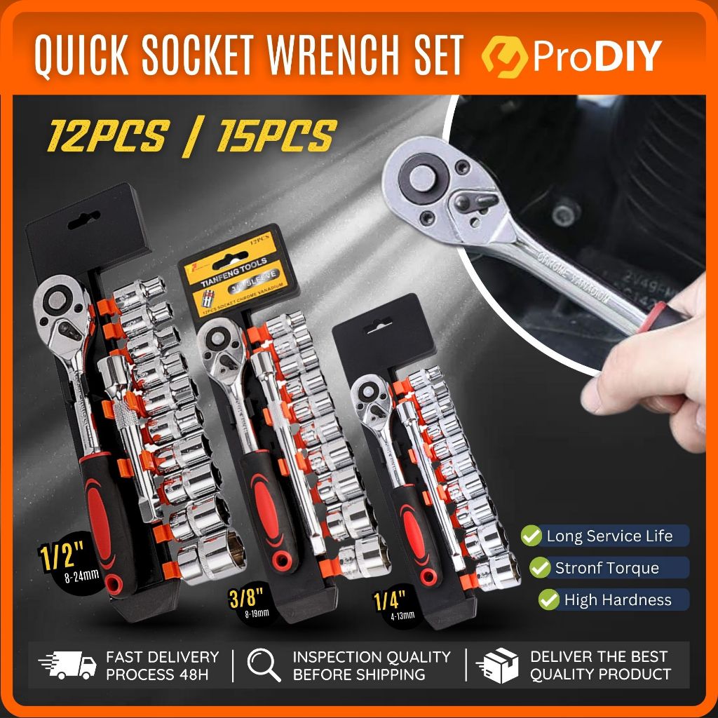 12pcs 15pcs Ratchet Kit 1/2" 1/4" 3/8" Chrome Socket Wrench Set Spanner ...