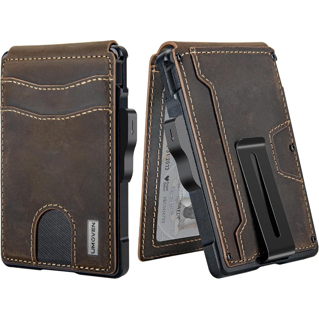 Umoven Wallet For Men - Slim Leather RFID Blocking Bifold Minimalist Wallet With Metal Pop Up Card Holder Money Clip Credit Card Slots Men S Wallet Dark Black