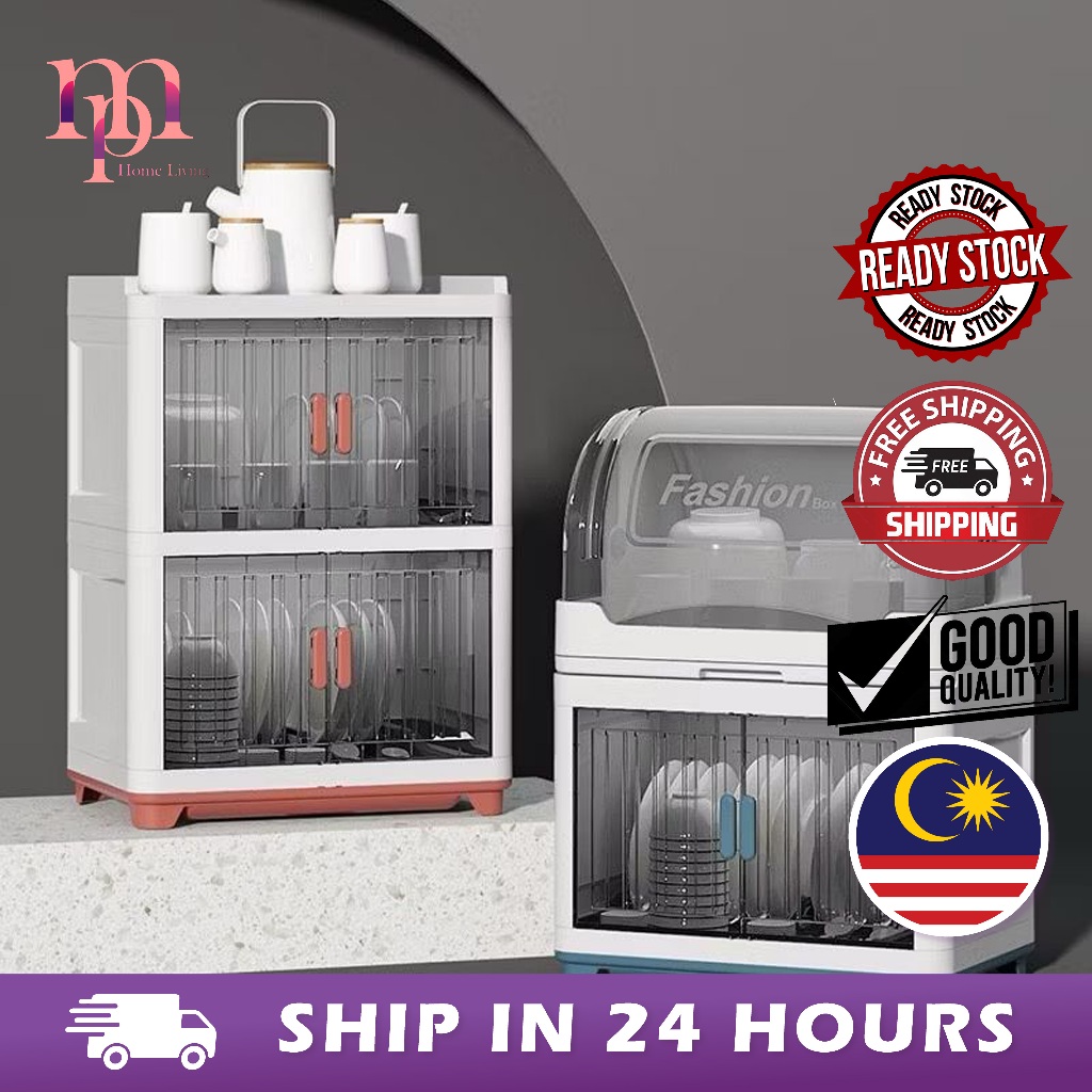 Large 2/3/4 Tier Plate Rack With Cover - Plate Storage Cabinet | Shopee ...