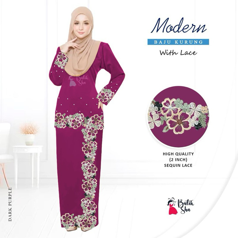 High Quality Baju Kurung Anila Rose berry Flower Multi Lace Kain