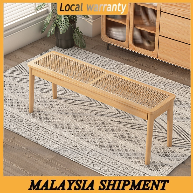 Solid wood rattan bench bed end stool shoe bench living room dining ...