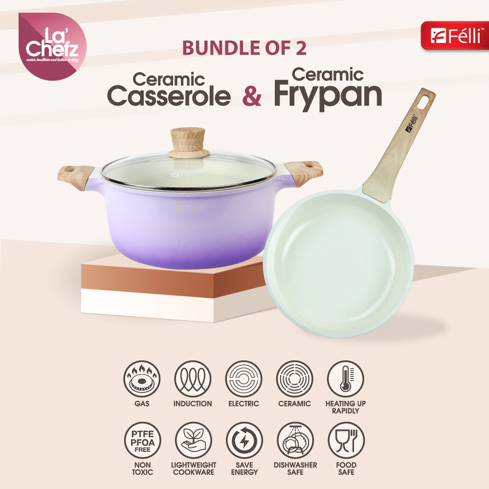 Felli La' Chefz Ceramic Cookware Set 5 Pcs [Casserole 24cm+Frypan 24cm ...