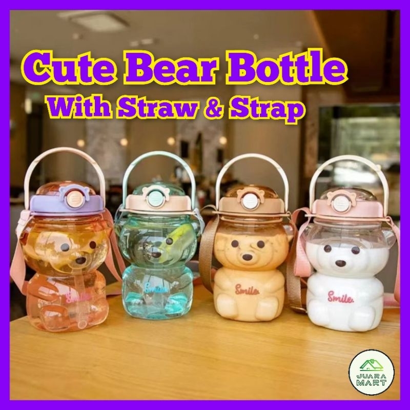 1000ML Cute Bear Water Bottle with Straw and Strap for Kids Teen Girl ...