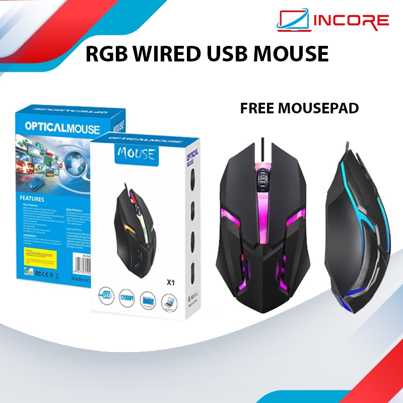 USB Wired Gaming Ergonomic Mouse RGB LED Light 1200 DPI Optical Mouse ...