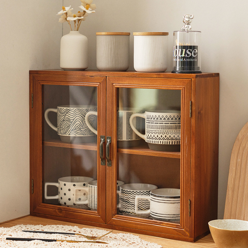 Japanese Tea Set Storage Cabinet Wooden Transparent Double Door Retro ...