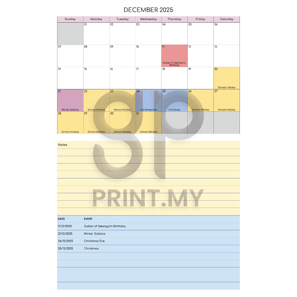 PDF Calendar 2025 with school holiday, public holiday, events Shopee