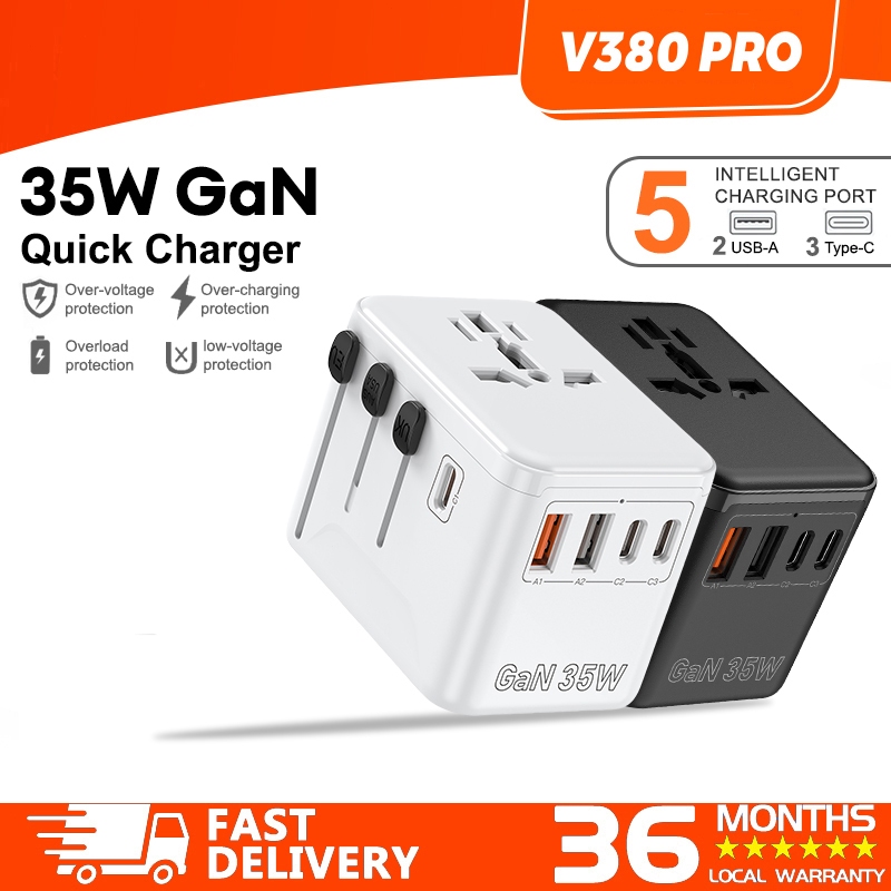 V380 Pro Universal Adapter Travel International 35W USB C Adapter Fast Charger QC 3.0 Charger Type C Plug