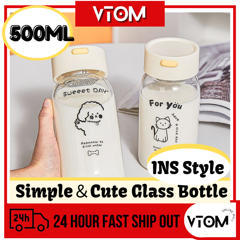 VTOM Korean Glass Drinking Water Bottle 500ml Adorable Cute Glass ...