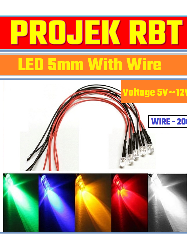 5MM LED with Wire 20cm 5V~12V Red/Green/White/Yellow/Blue Colour DIY ...