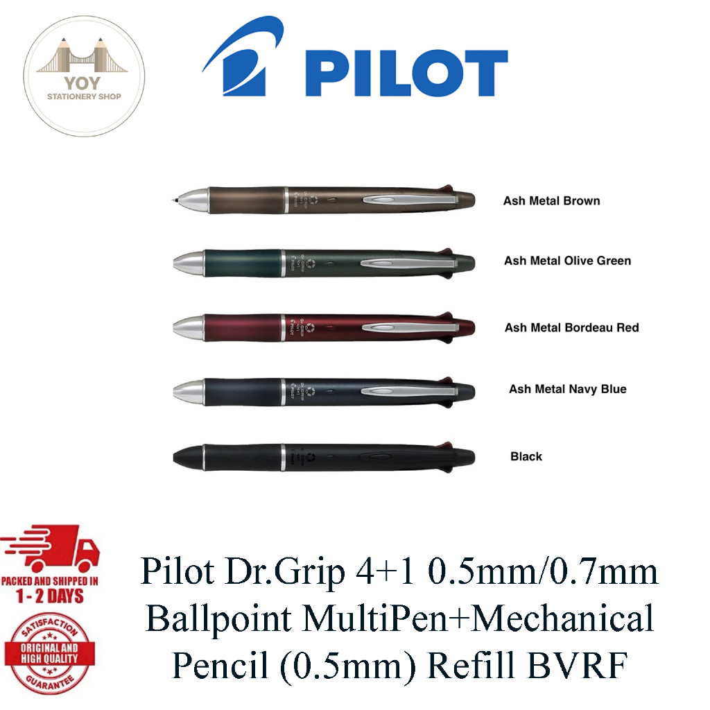 PILOT Doctor Grip 4+1 Multi Pen - 0.5mm Ballpoint & Mechanical Pencil, Ash Metal Olive Color