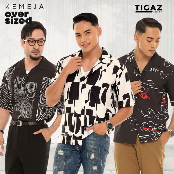 [BLACK & GREY 3] TIGAZ Oversized Shirt Kemeja Lengan Pendek Lelaki Ice ...