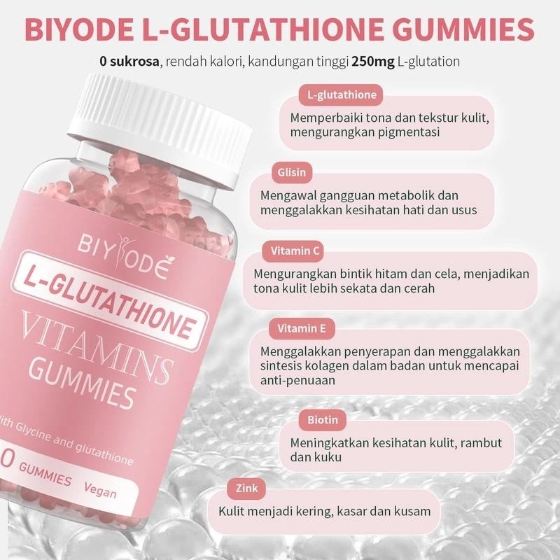 BIYODE L-Glutathione Gummies SKIN Whitening untuk Memutihkan Kulit &  Melembapkan Kulit | 500mcg Biotin & L-glutation | Shopee Malaysia