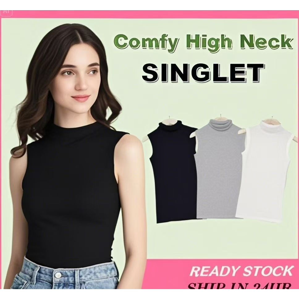 Korean Women Sleeveless Singlet Inner Crop Top Shirt Turtleneck ...