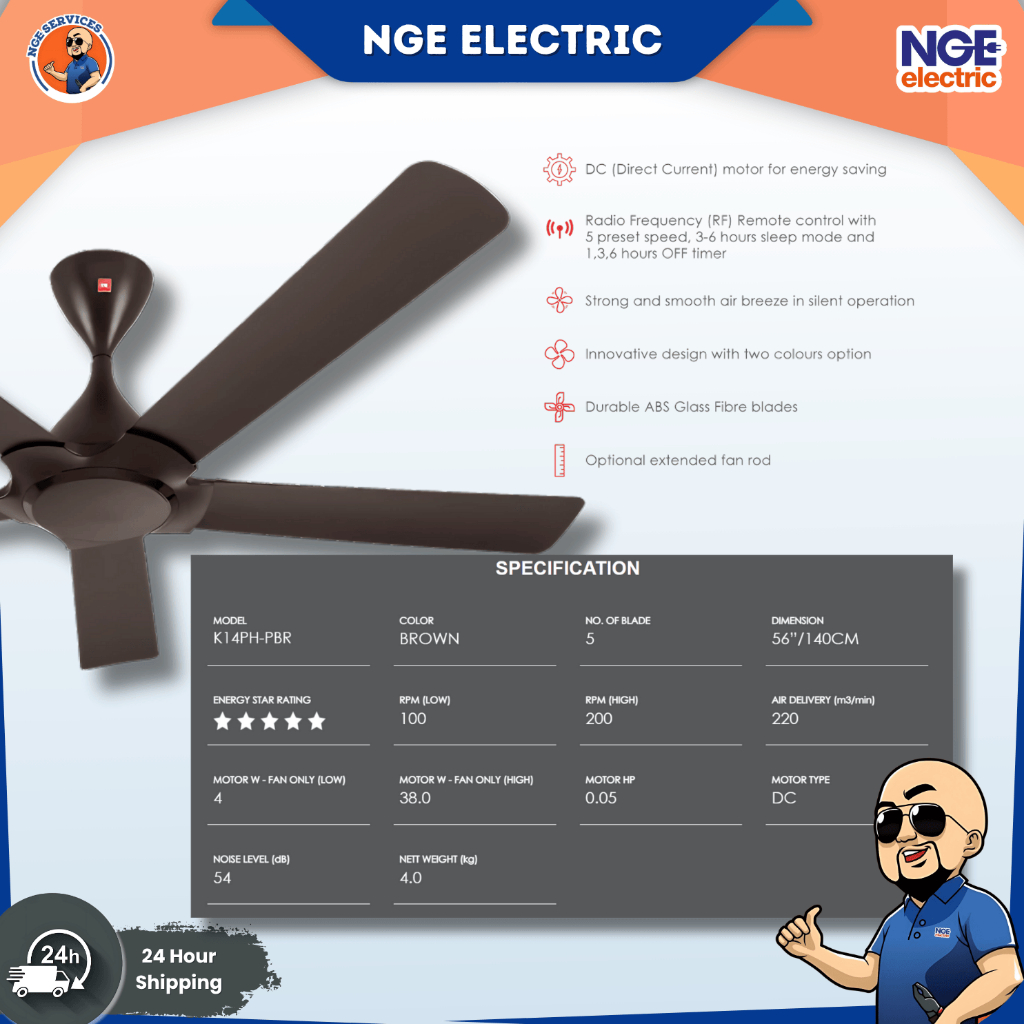 Fan| KDK K14PH Ryou Series Kipas Siling 56 Inch 5 Blade DC Motor Remote ...