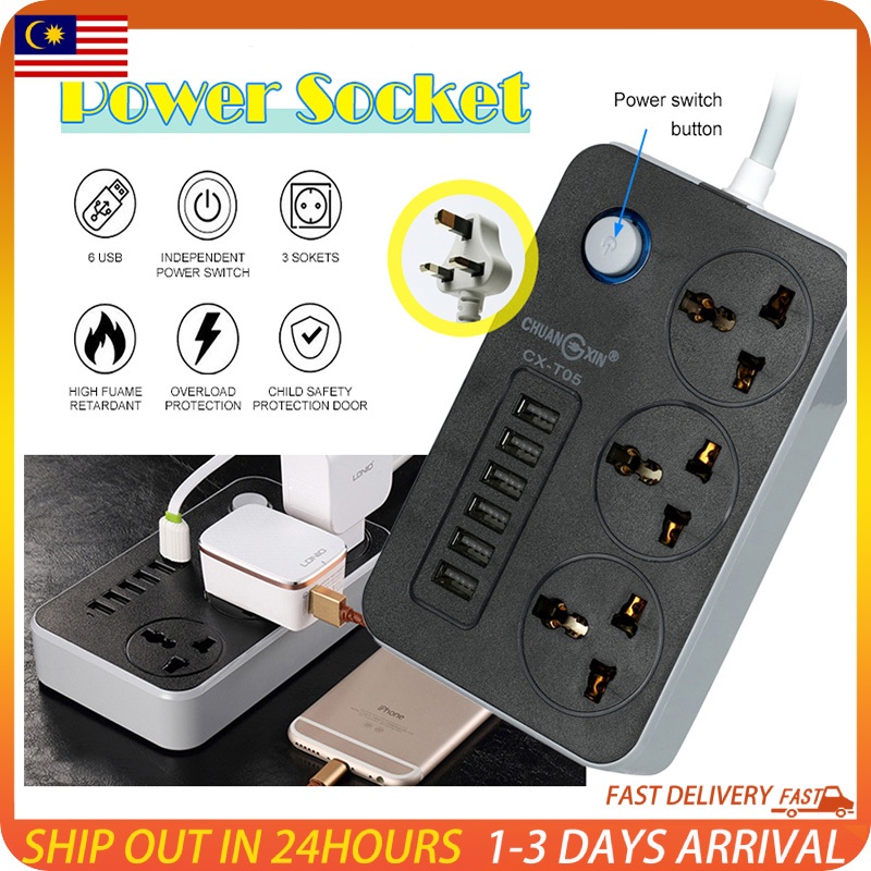 6 USB Port 3 Universal Power Strip Extension Plug Power Socket Electric ...