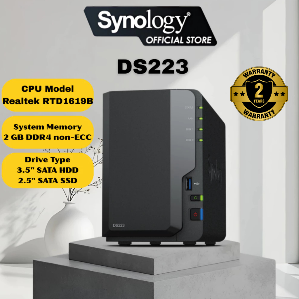 Synology DS223 2 Bays NAS DiskStation with Quad Core CPU, 2GB Memory, 2 ...
