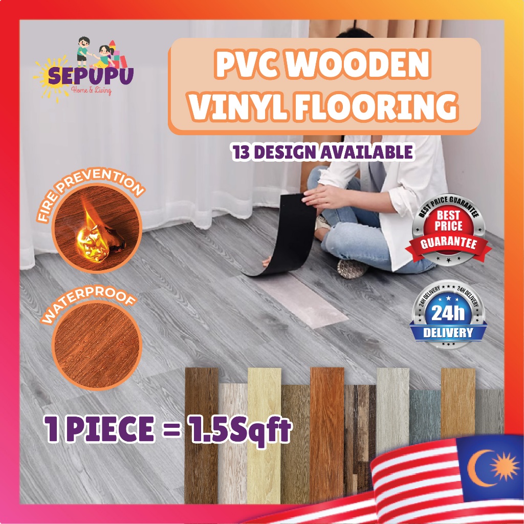 SEPUPU 1PC Vinyl Floor Sticker (1.5Sqft) Wooden Texture Flooring ...