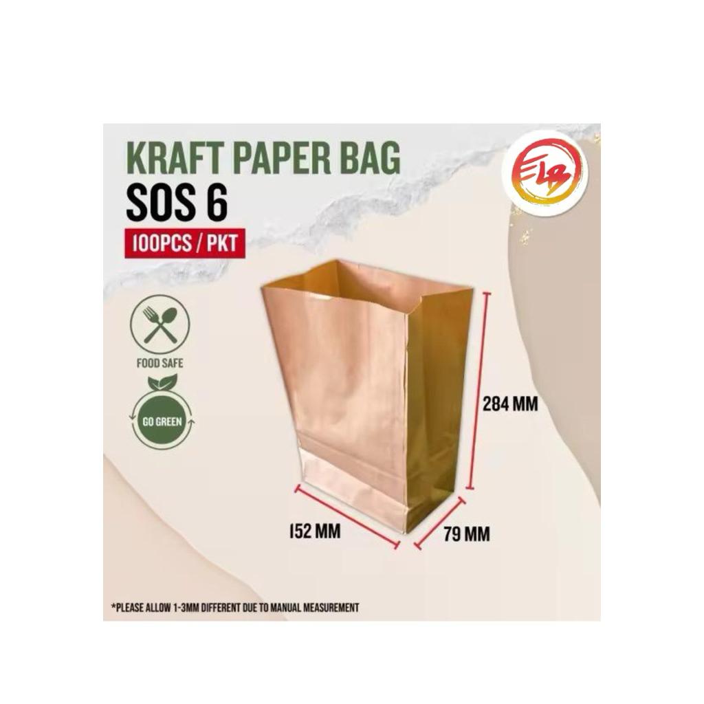 (100PCS) Brown Paper Bag SOS 6 / Kraft Paper Bag / Shopping Carry Paper ...