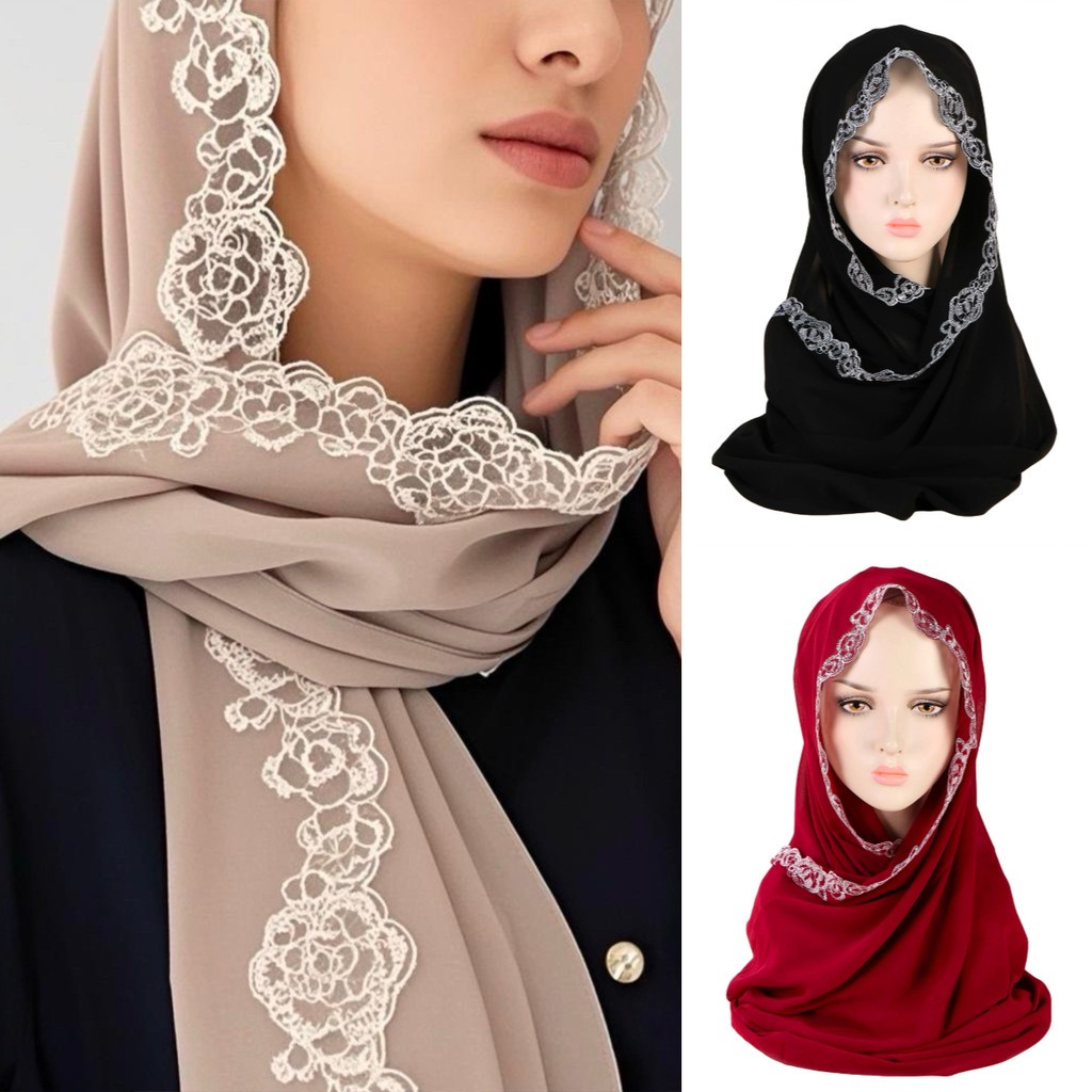 Tudung Embroidery White Lace Plain Bubble Chiffon Large Long Pashmina ...