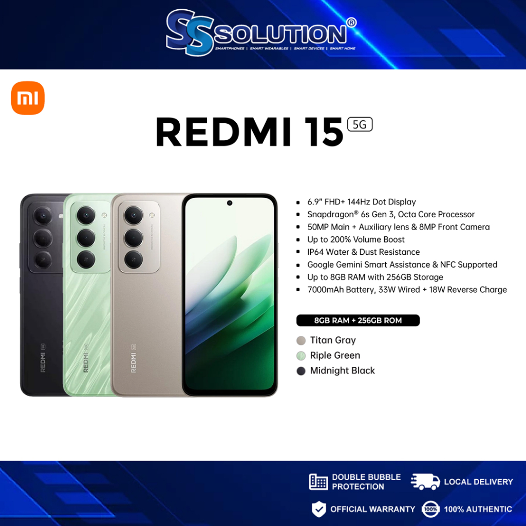 Xiaomi Redmi 15 LTE / 5G l 6.9" FHD+ Display l 8+8GB Extended RAM + 256GB ROM I 7000mAh Battery I IP64