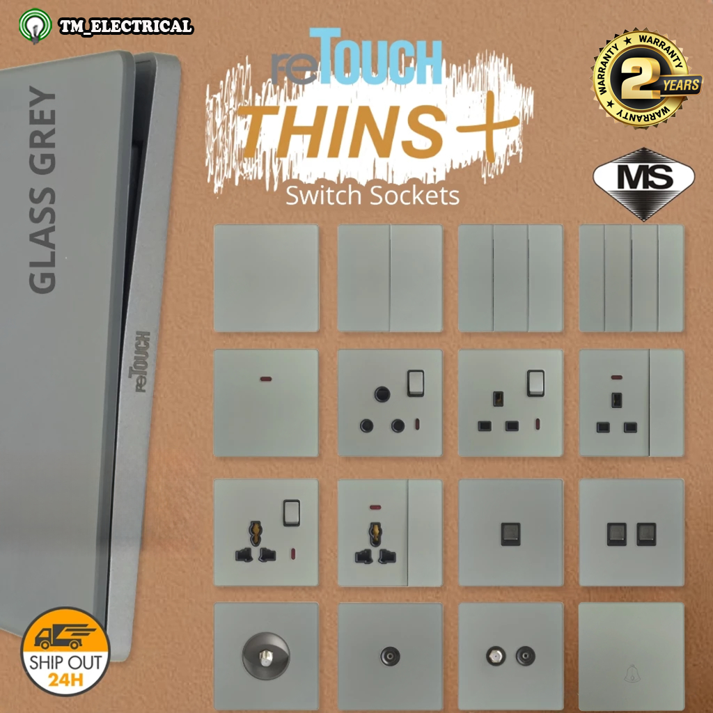 [GLASS GREY] reTouch Thins+ Soft Touch 1/2/3/4 Gang 1/2 Way 13A/15A/20A ...