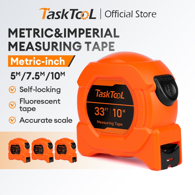 TASKTOOL Fluorescent Auto Lock Steel Tape Measure 5M/16FT 10M/33FT ...