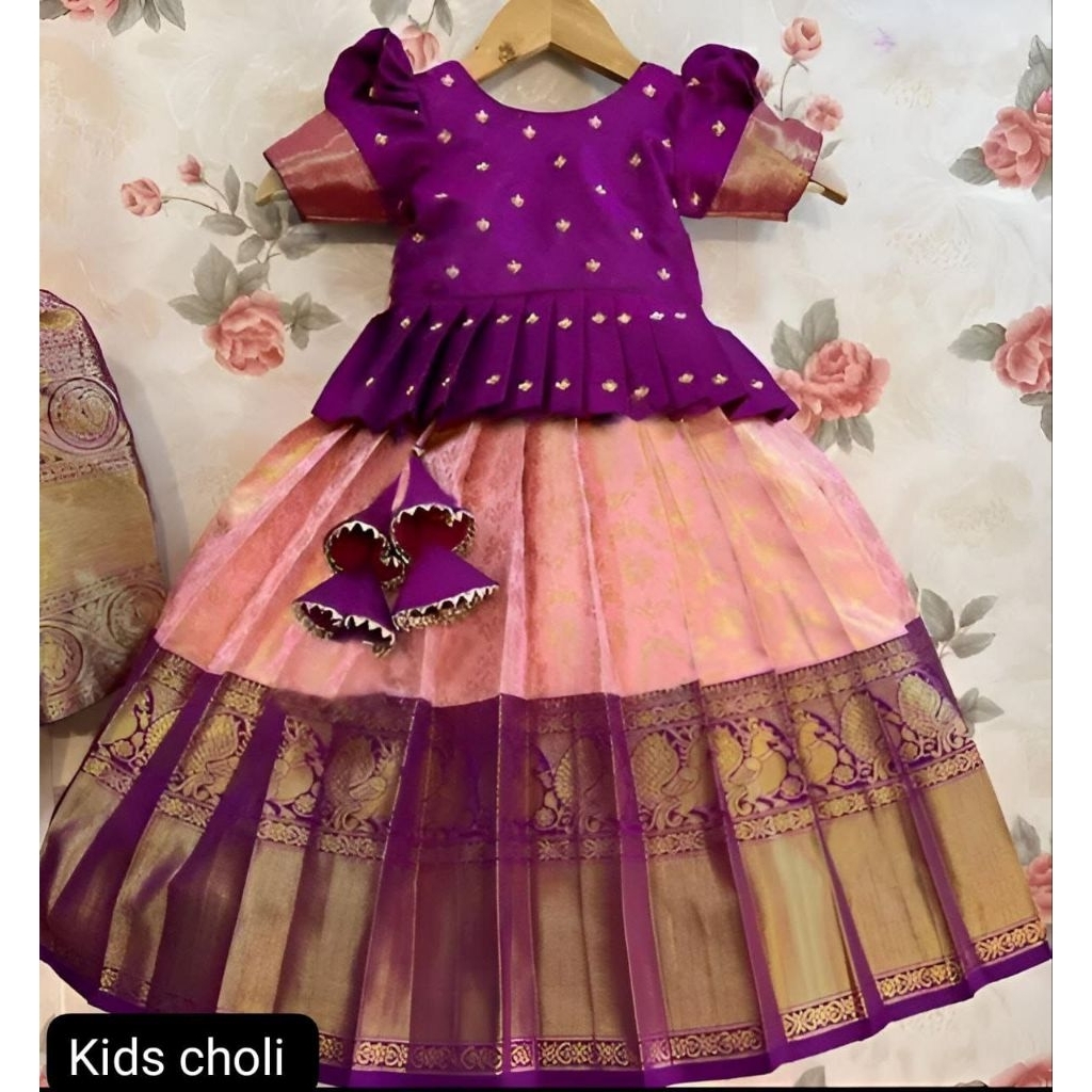 Girls Zari Woven Pattu Pavadai Choli Skirt Set