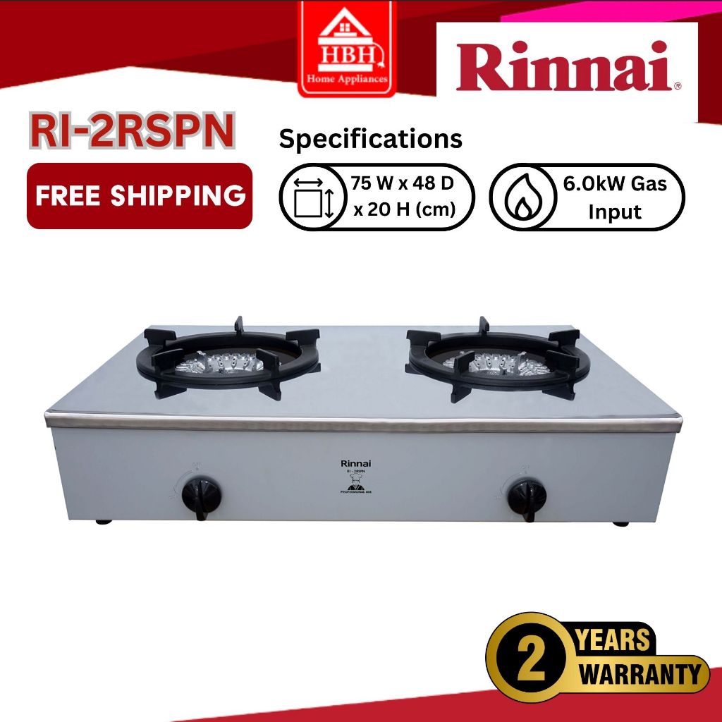 Rinnai Gas Stove RI2RSPN 6.0kW Gas Input 75cm 2Burner Table Top