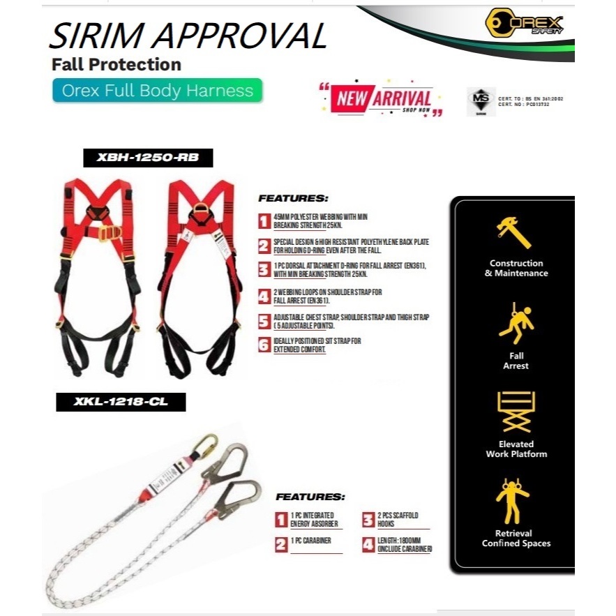 Orex Full Body Safety Harness and Dual Rope Type Lanyard with Energy