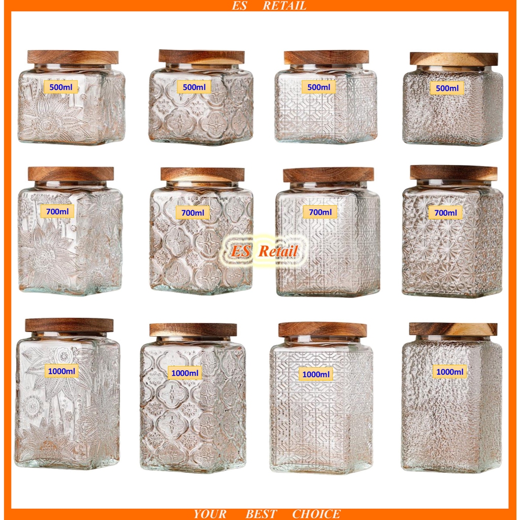 Square embossed pattern glass container Airtight food jar Food ...