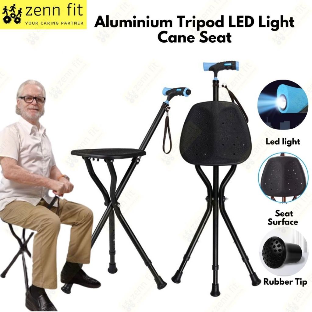Aluminium Tripod Chair with Led Light Cane Seat Shock-Absorbing Rubber ...