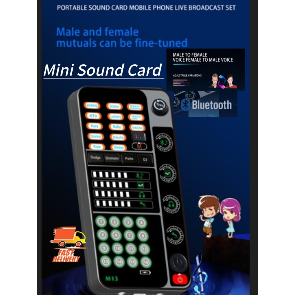 M13/ i9 Mini Sound Card Audio Effect Voice Changer 16 Sound Changes For ...