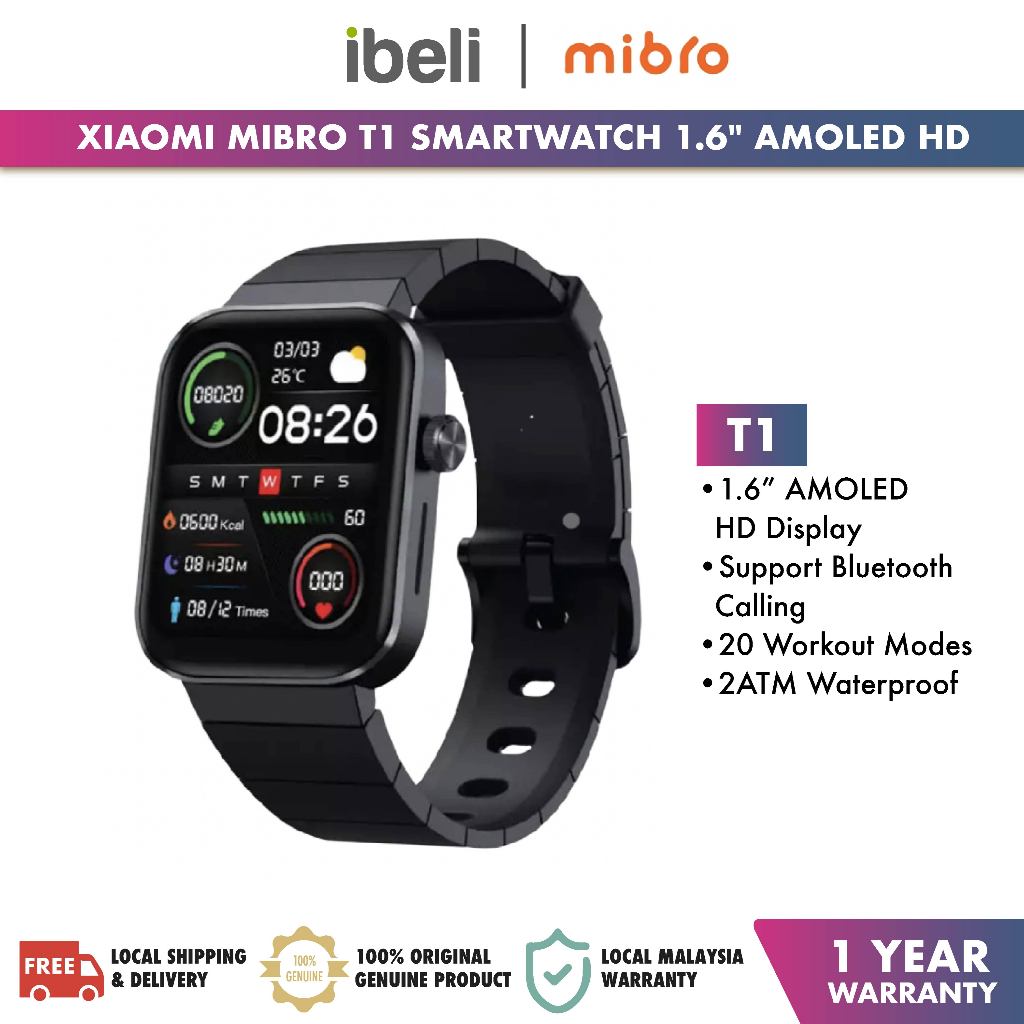 Xiaomi Mibro T1 Smartwatch AMOLED HD Display 2ATM Waterproof HD  Bluetooth Calling 20 Workout Modes Smart Watch