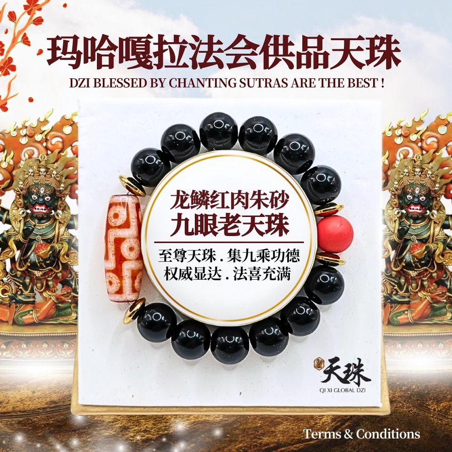 起玺天珠Qi Xi Dzi】龙鳞红肉硃砂九眼老天珠Mahakala Puja Offering