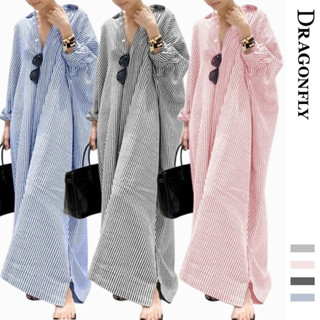 READY STOCK Women Collar Stripe Long Dress Button Down Split Hem Fashion Long Sleeve Blouse Maxi Dress Shopee Malaysia
