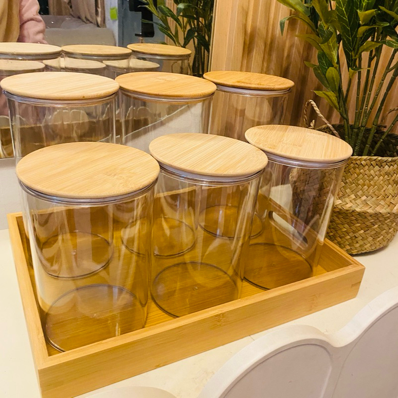 🔥BEKAS KUIH RAYA Round Plastic Jar With bamboo Cover Candy Spices ...