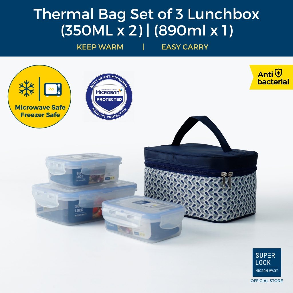 Super Lock Thermal Bag Rectangular Lunch Box Set - 3pcs (350ml & 890ml ...
