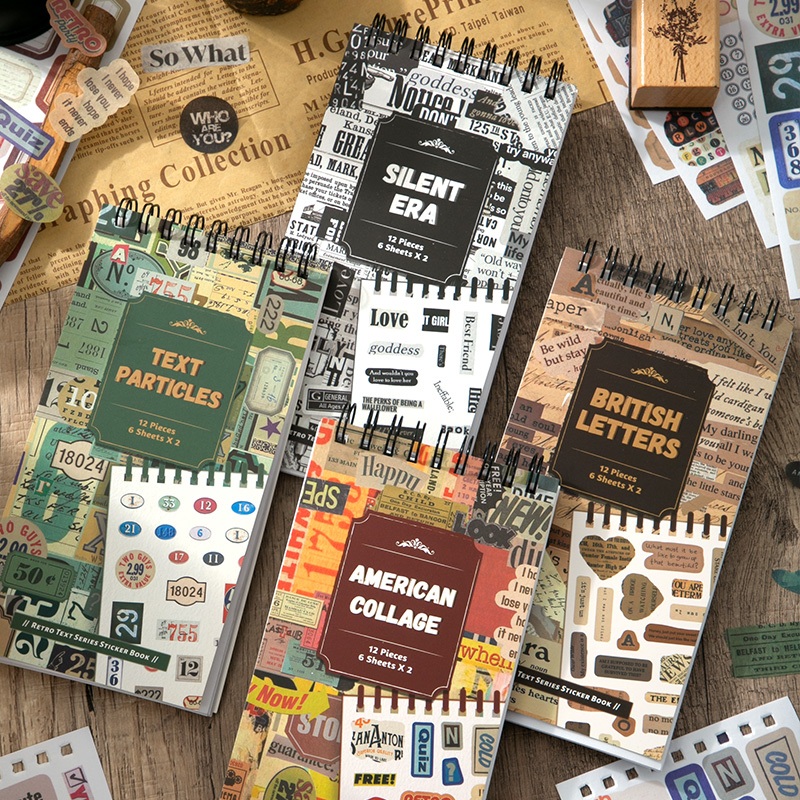 12 Sheets Vintage Text Stickers Book 100+pcs English Wording Sticker ...