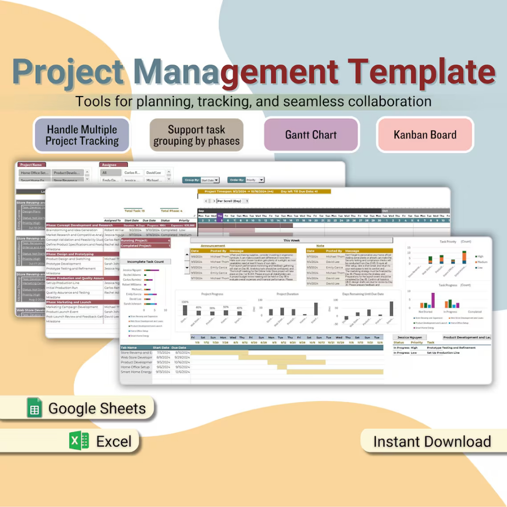 Multiple Project Management Template, Automatic Timeline Gantt Chart ...