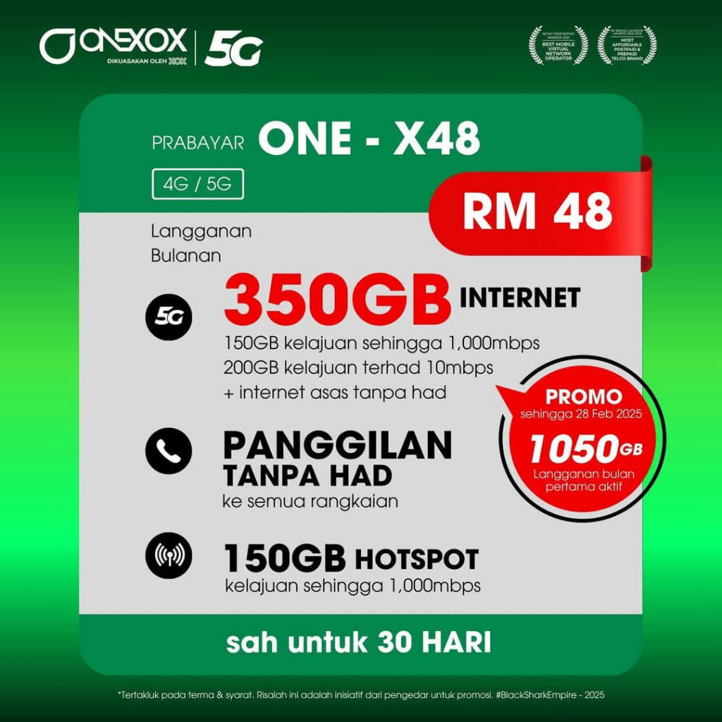 ONE-X PREPAID PLAN DATA ONE-X 48(350GB) | Shopee Malaysia