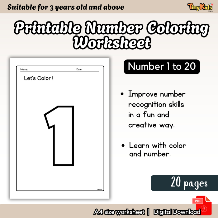 C005 PDF Digital Printable Number Coloring 1-20 Worksheet for ...
