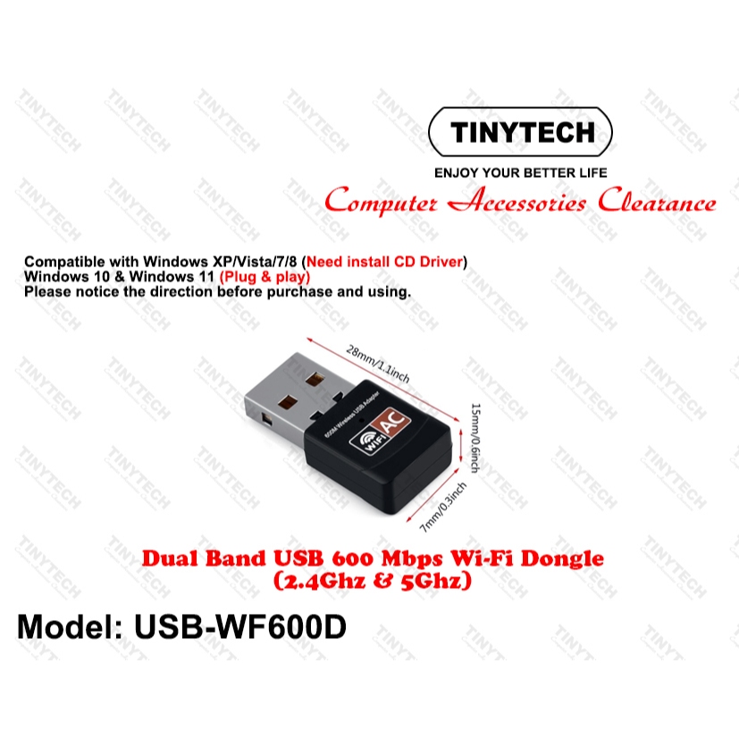 TINYTECH USB-WF600D 600MBPS HIGH SPEED WIFI ADAPTER DUAL BAND 5GHz+2 ...