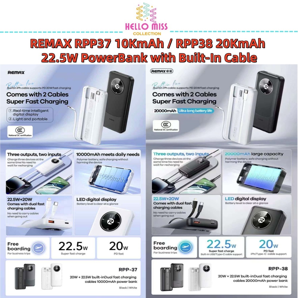 REMAX RPP-37 10000mAh / RPP-38 20000mAh 22.5W Fast Charge Powerbank ...