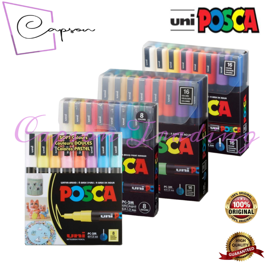UNI POSCA Water Based Paint Marker Set ( PC-3M 8C & 16C / PC-3MS 8C ...