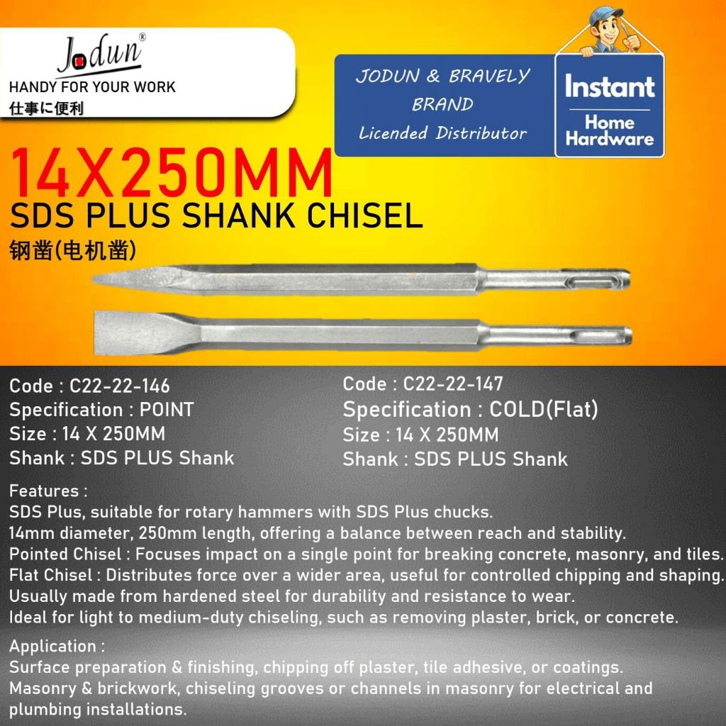 JODUN BRAND 14 X 250MM SDS PLUS Shank Concrete Chisel For Rotary Hammer ...